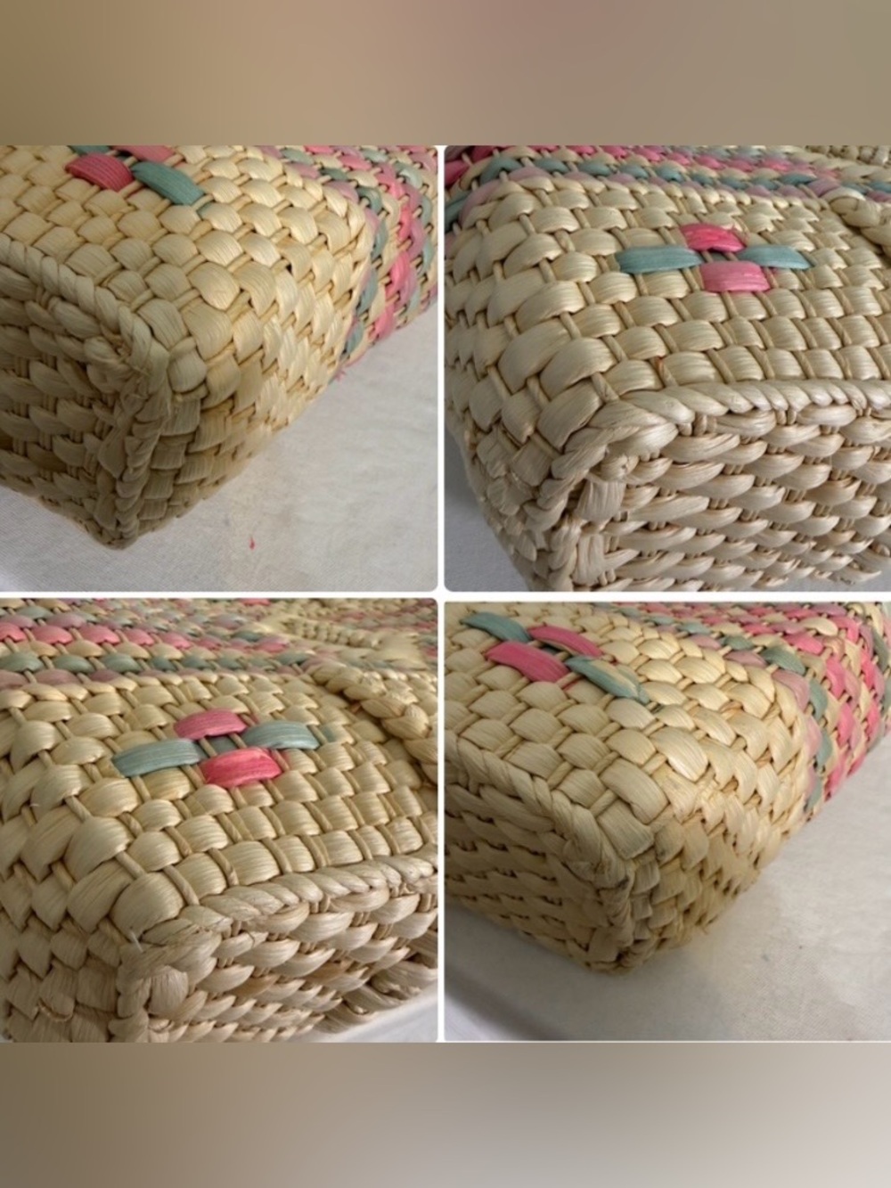 Vintage Straw Tote Market Bag Woven Pastel Pink Blue Purple Diamond Pattern - Picture 9 of 16